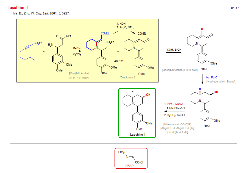 Reaction scheme for total synthesis of the natural product Lasubine II