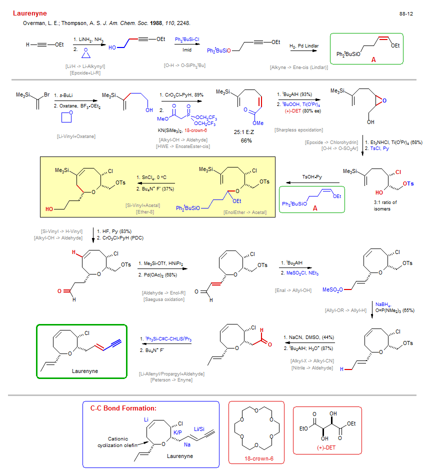 Reaction scheme for total synthesis of the natural product Laurenyne
