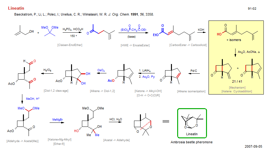 Reaction scheme for total synthesis of the natural product Lineatin