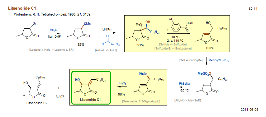 Reaction scheme for total synthesis of the natural product Litsenolide-C1