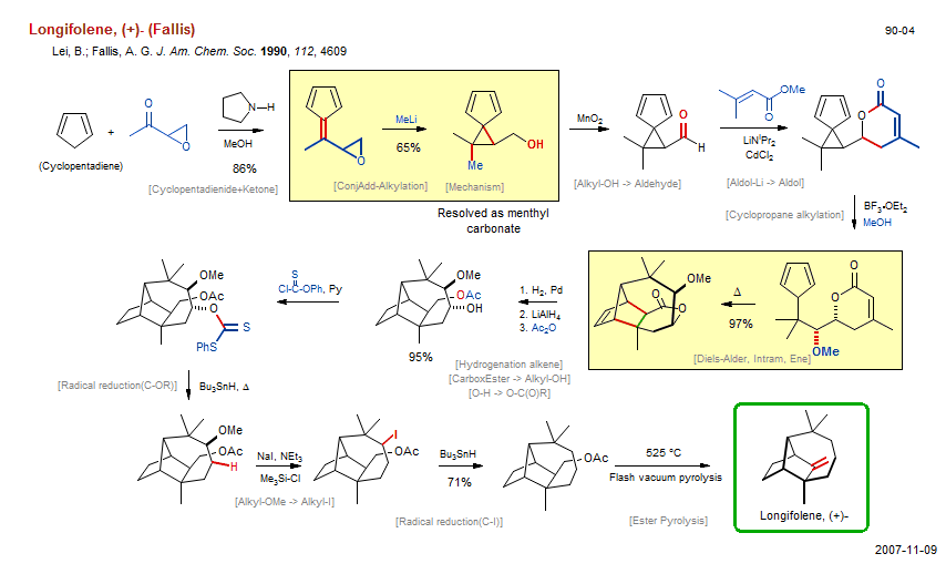 Reaction scheme for total synthesis of the natural product Longifolene, (+)- (Fallis)