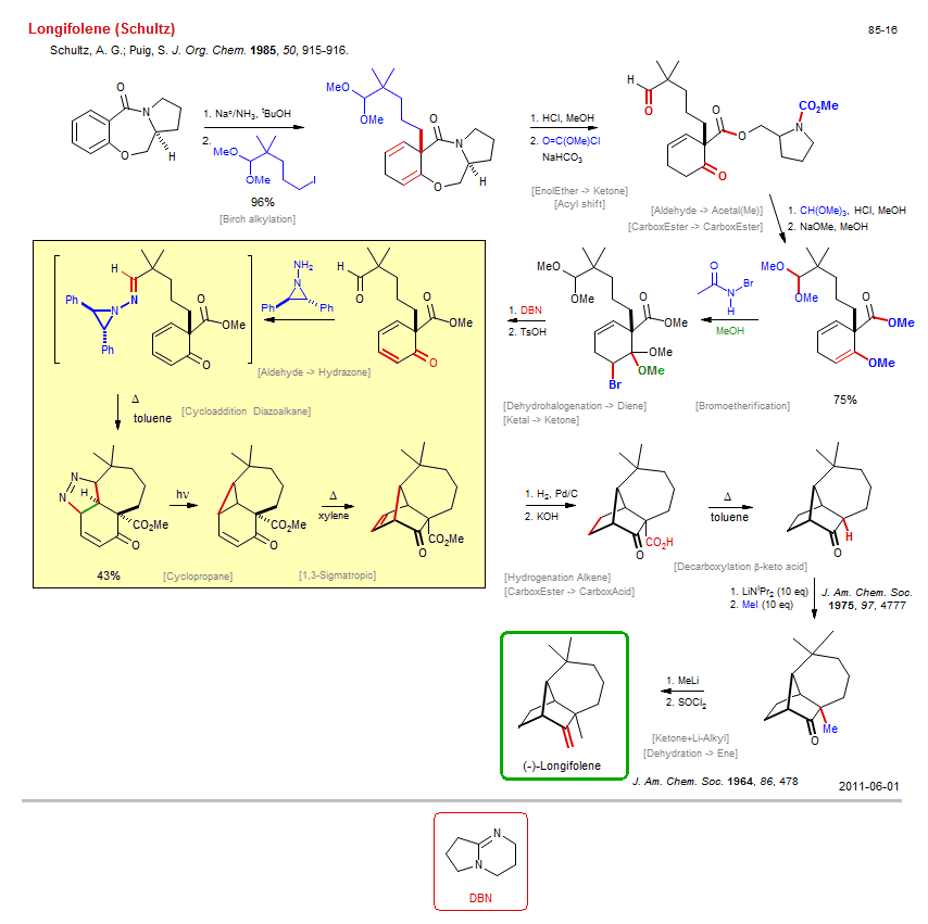 Reaction scheme for total synthesis of the natural product Longifolene (Schultz)