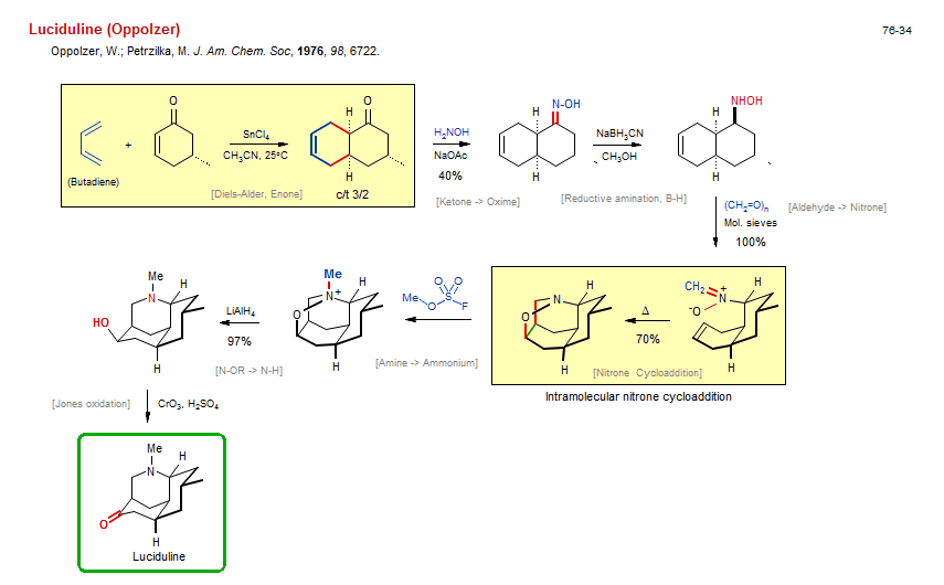 Reaction scheme for total synthesis of the natural product Luciduline (Oppolzer)
