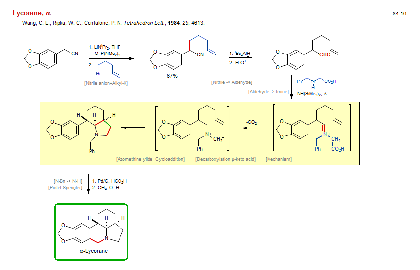 Reaction scheme for total synthesis of the natural product α-Lycorane