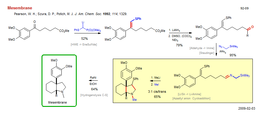 Reaction scheme for total synthesis of the natural product Mesembrane