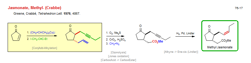 Reaction scheme for total synthesis of the natural product Jasmonate, Methyl- (Crabbe)