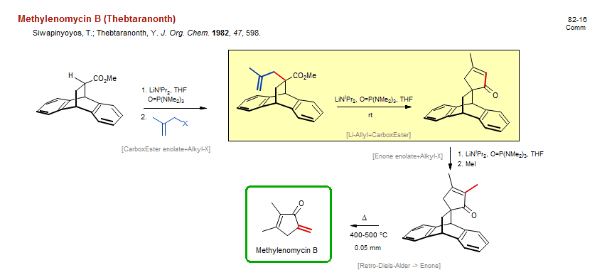 Reaction scheme for total synthesis of the natural product Methylenomycin B (Thebtaranonth)