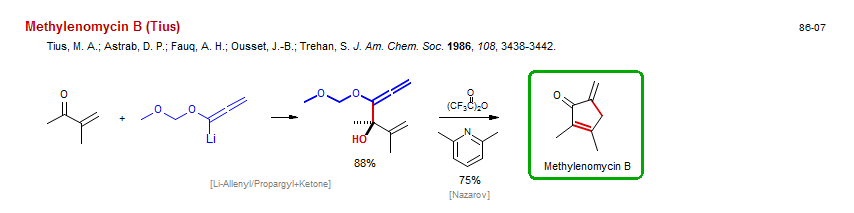 Reaction scheme for total synthesis of the natural product Methylenomycin B (Tius)