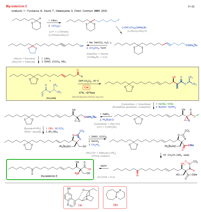 Reaction scheme for total synthesis of the natural product Mycestericin E
