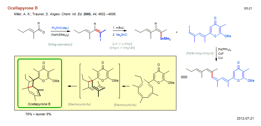 Reaction scheme for total synthesis of the natural product Ocellapyrone B