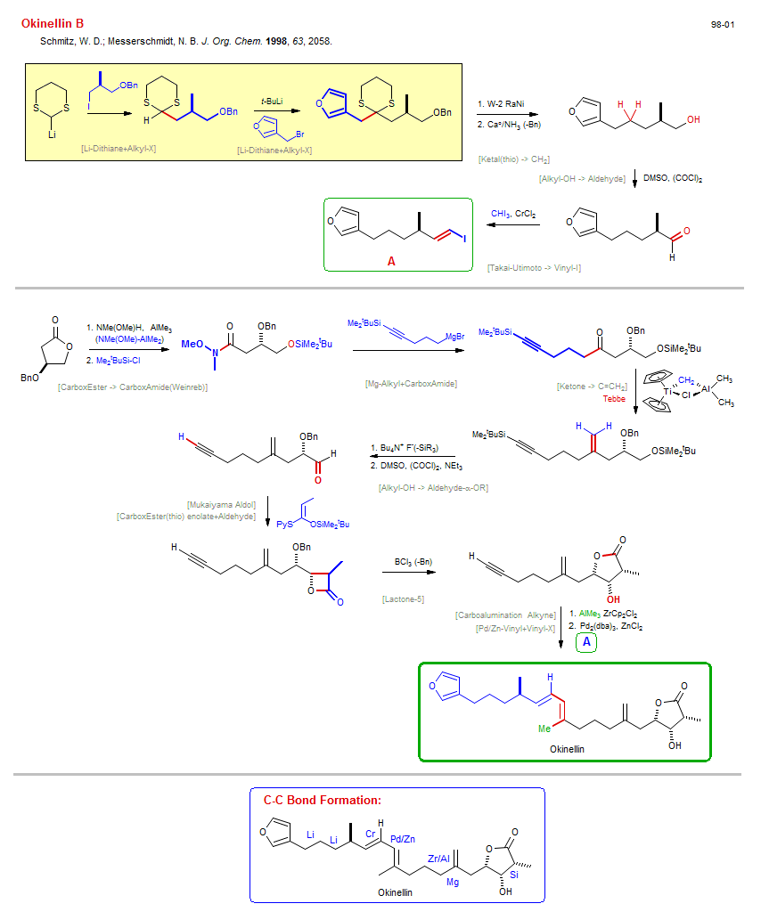 Reaction scheme for total synthesis of the natural product Okinellin B