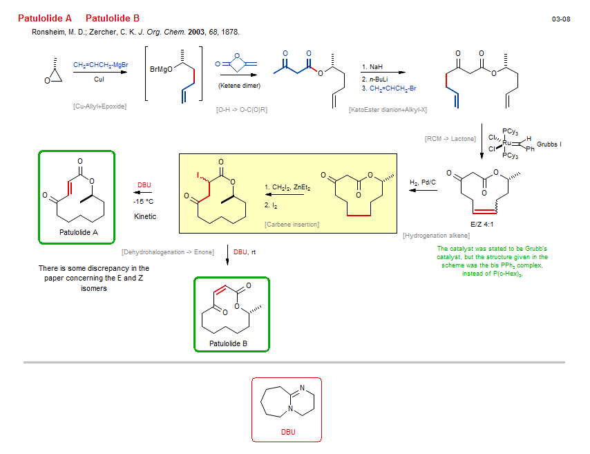 Reaction scheme for total synthesis of the natural product Patulolide B
