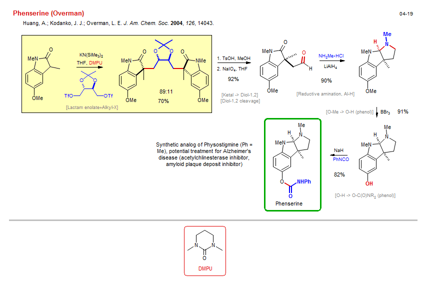 Reaction scheme for total synthesis of the natural product Phenserine (Overman)