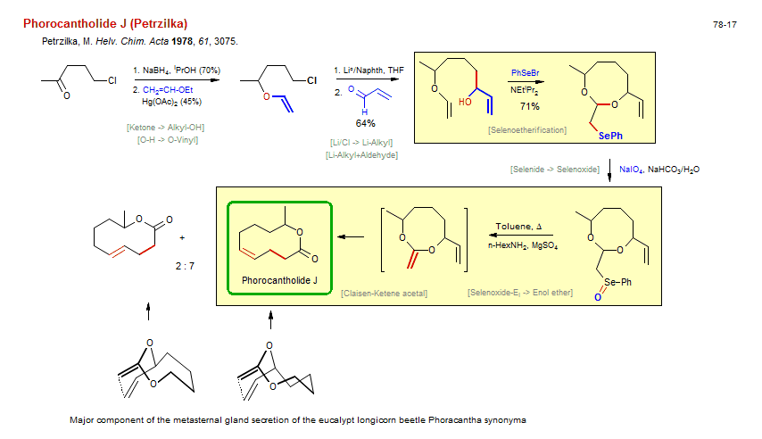 Reaction scheme for total synthesis of the natural product Phorocantholide J (Petrzilka)