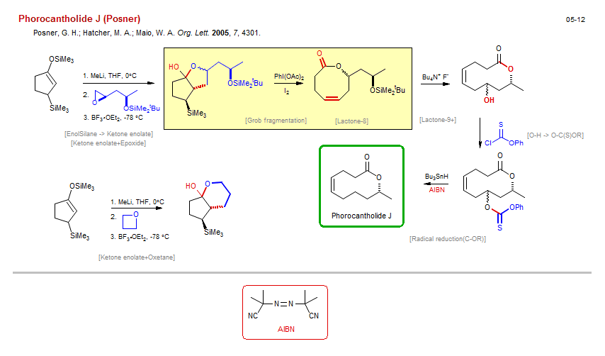 Reaction scheme for total synthesis of the natural product Phorocantholide J (Posner)