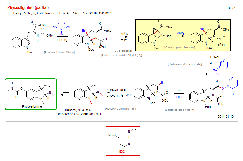 Reaction scheme for total synthesis of the natural product Physostigmine (partial)