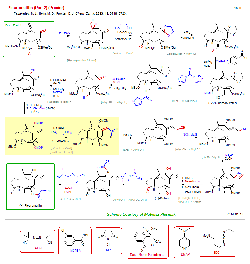 Reaction scheme for total synthesis of the natural product Pleuromutilin (Part 2) (Procter)