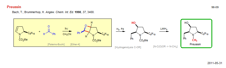 Reaction scheme for total synthesis of the natural product Preussin