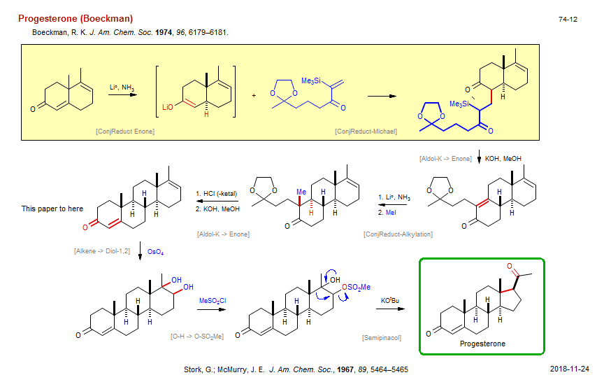 Reaction scheme for total synthesis of the natural product Progesterone (Boeckman)