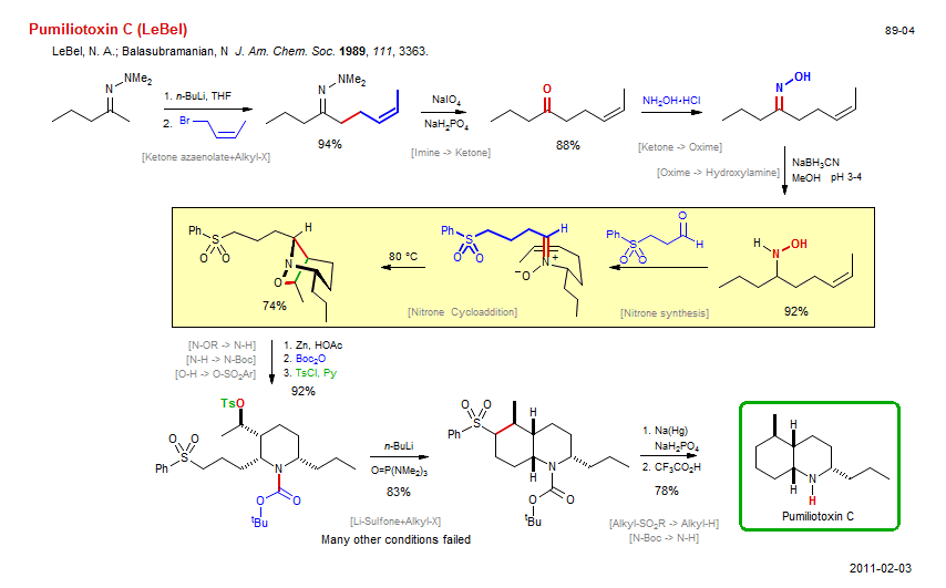 Reaction scheme for total synthesis of the natural product Pumiliotoxin C (LeBel)