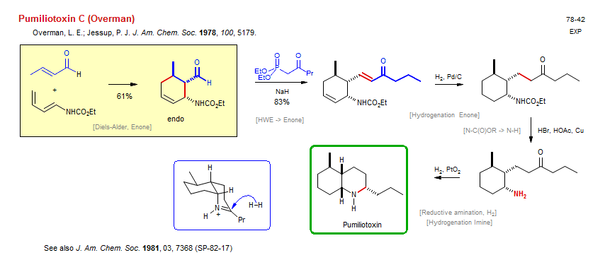 Reaction scheme for total synthesis of the natural product Pumiliotoxin C (Overman)