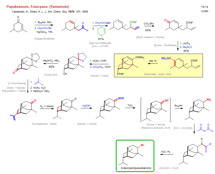 Reaction scheme for total synthesis of the natural product Pupukeanone, 9-Isocyano- (Yamamoto)
