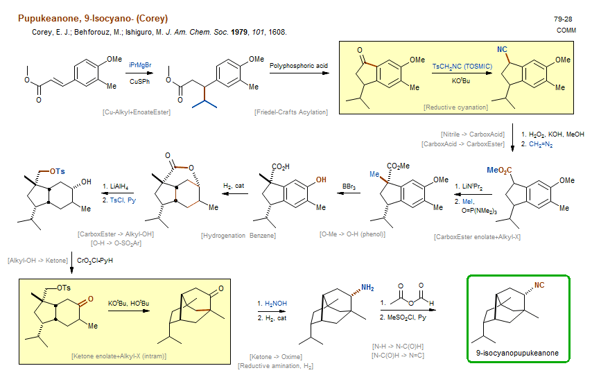 Reaction scheme for total synthesis of the natural product Pupukeanone, 9-Isocyano- (Corey)