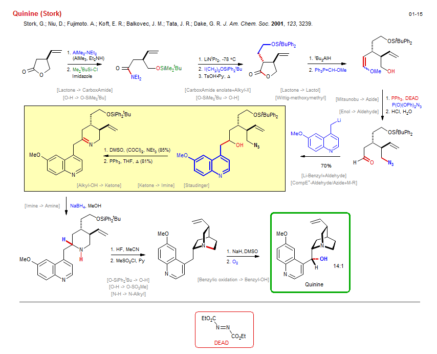 Reaction scheme for total synthesis of the natural product Quinine (Stork)
