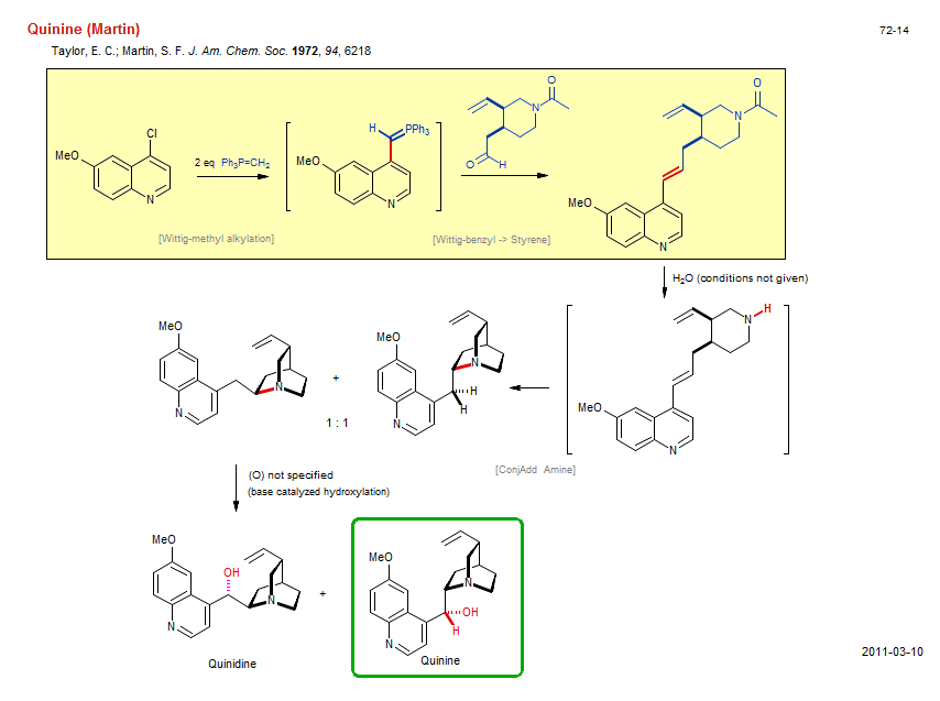 Reaction scheme for total synthesis of the natural product Quinine (Martin)