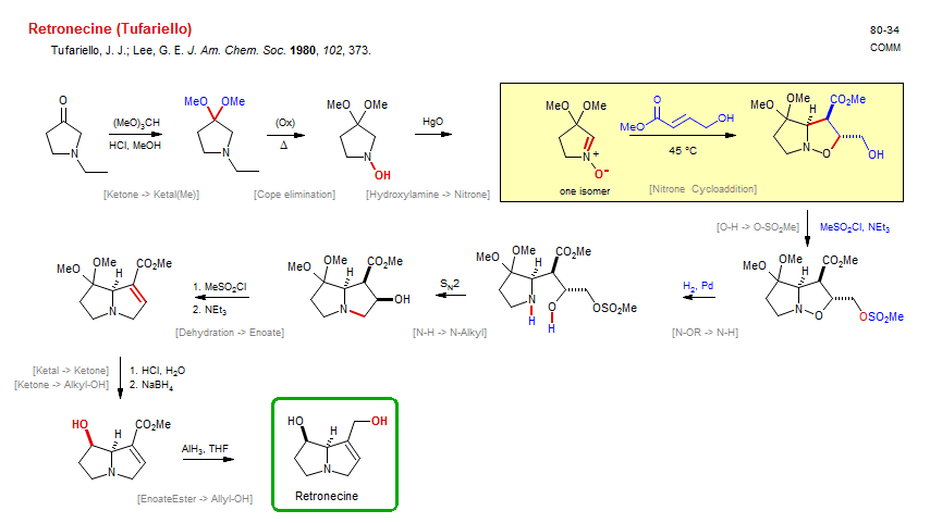 Reaction scheme for total synthesis of the natural product Retronecine (Tufariello)