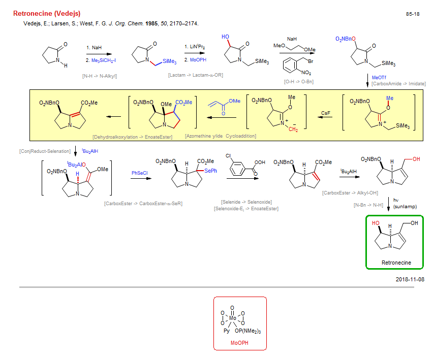 Reaction scheme for total synthesis of the natural product Retronecine (Vedejs)