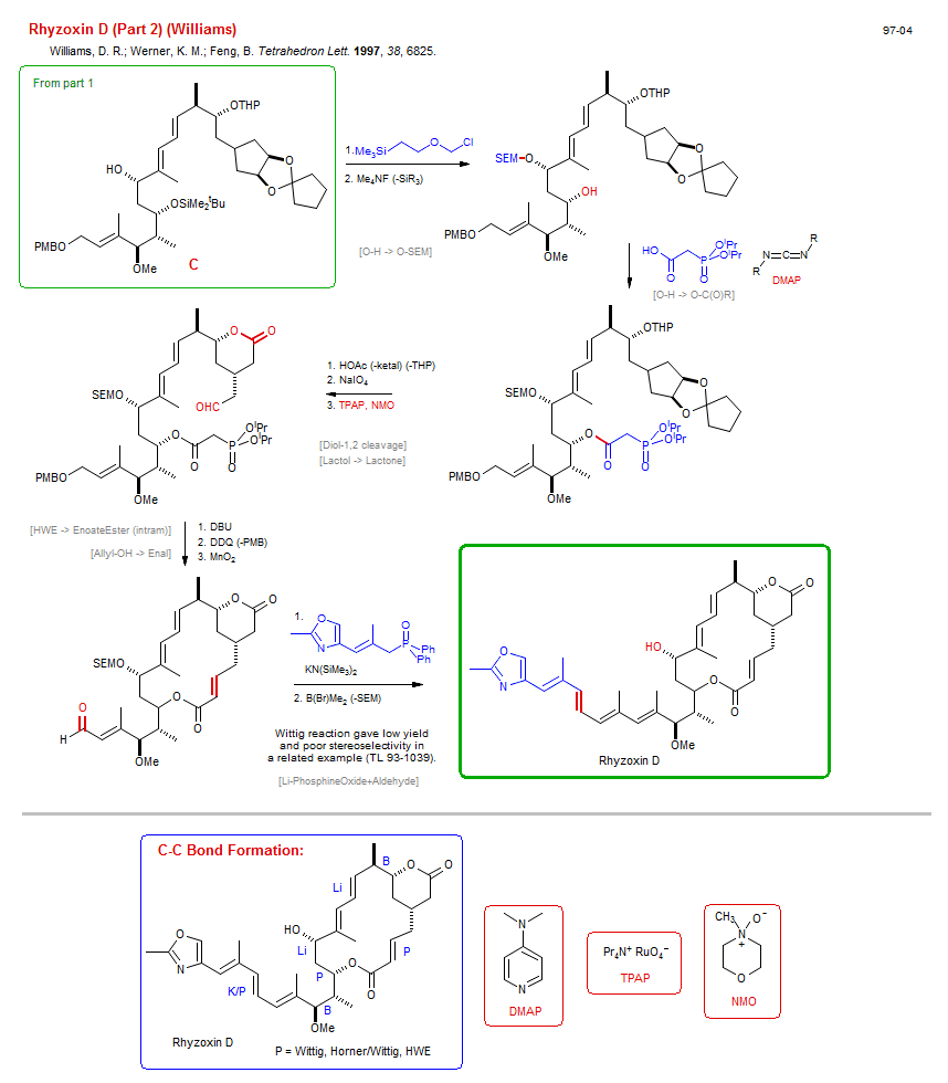 Reaction scheme for total synthesis of the natural product Rhyzoxin D (Part 2) (Williams)