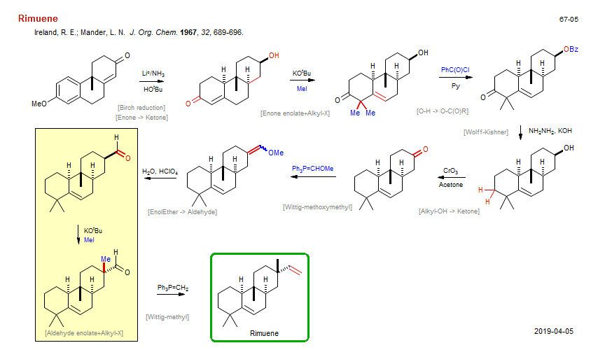 Reaction scheme for total synthesis of the natural product Rimuene <b><i><font color=green>New</font></i></b>