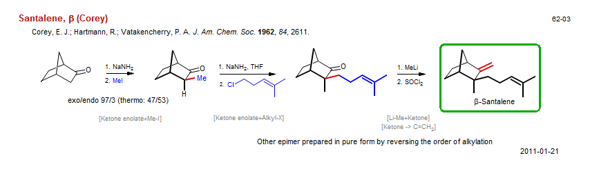 Reaction scheme for total synthesis of the natural product Santalene, β (Corey)