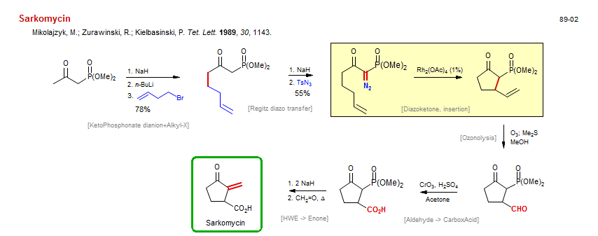 Reaction scheme for total synthesis of the natural product Sarkomycin