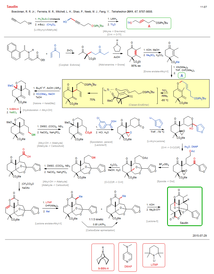Reaction scheme for total synthesis of the natural product Saudin