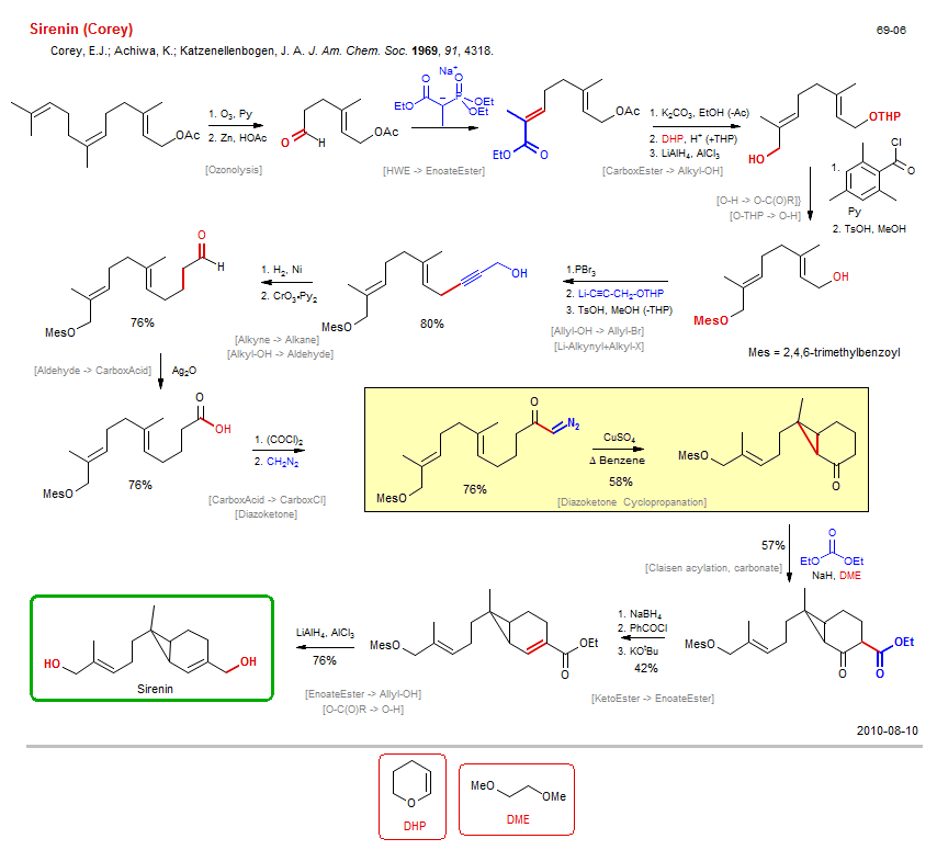 Reaction scheme for total synthesis of the natural product Sirenin (Corey)