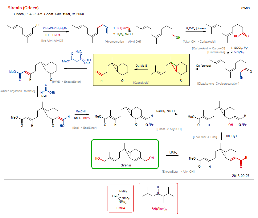 Reaction scheme for total synthesis of the natural product Sirenin (Grieco)