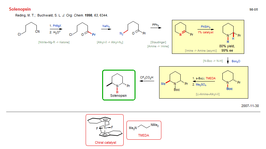 Reaction scheme for total synthesis of the natural product Solenopsin