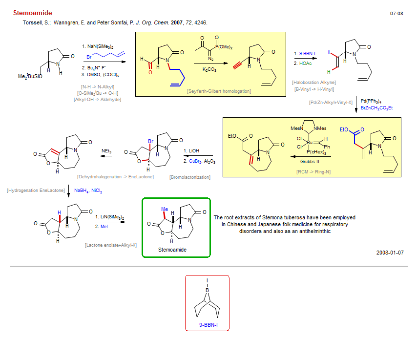 Reaction scheme for total synthesis of the natural product Stemoamide
