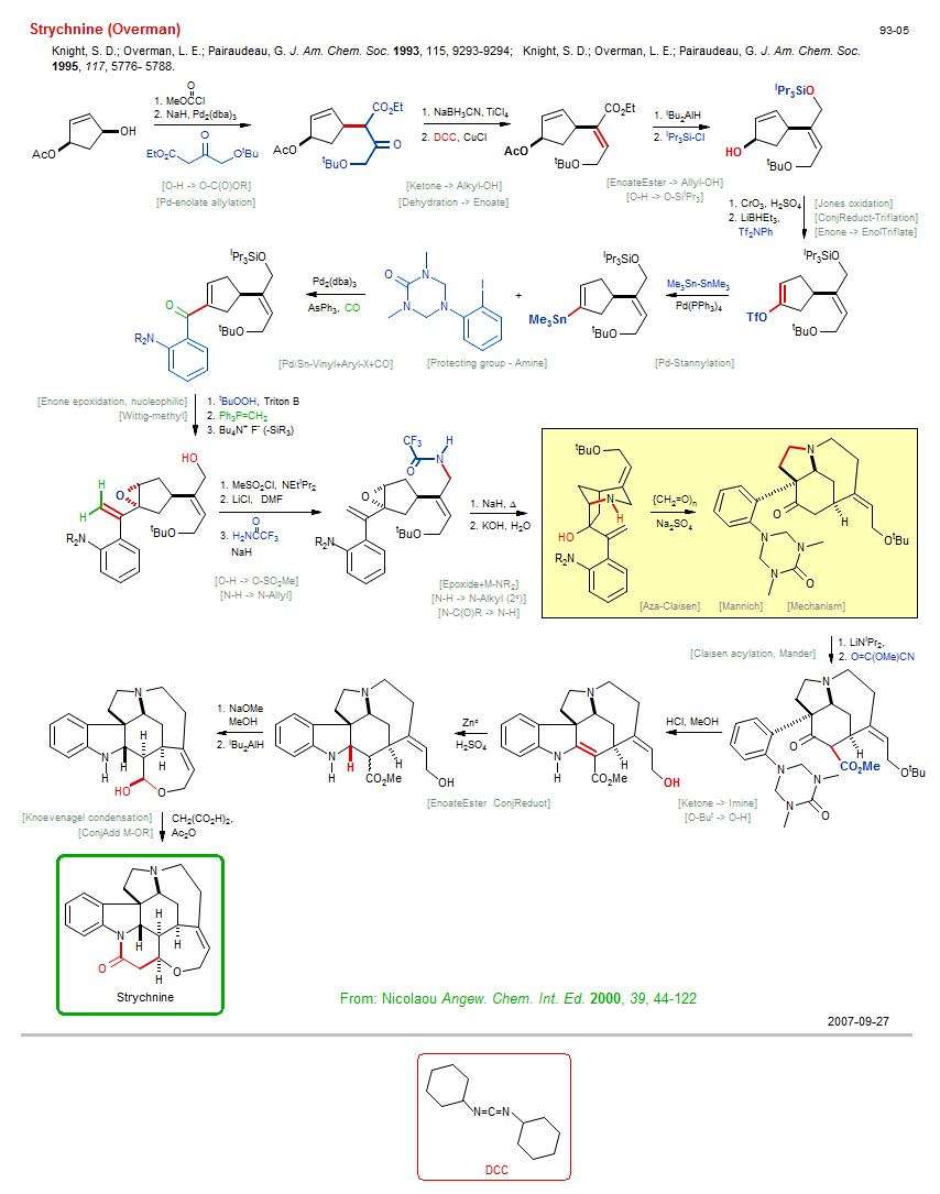 Reaction scheme for total synthesis of the natural product Strychnine (Overman)