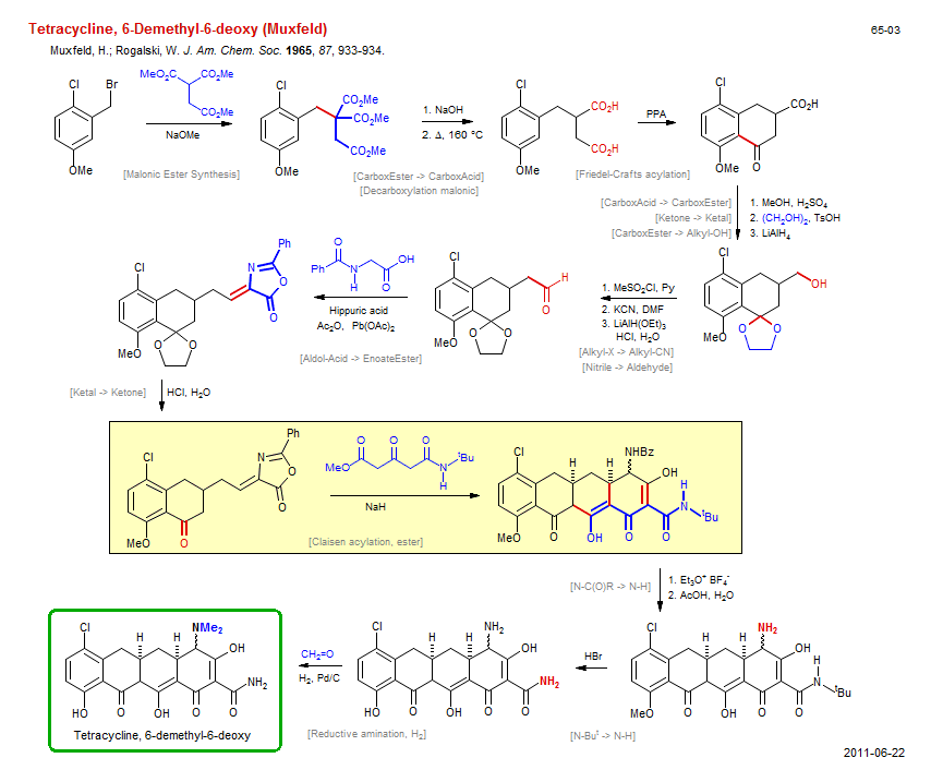 Reaction scheme for total synthesis of the natural product Tetracycline, 6-Demethyl-6-deoxy (Muxfeld)