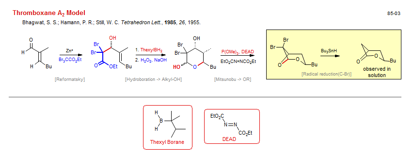 Reaction scheme for total synthesis of the natural product Thromboxane A<sub>2</sub> Model