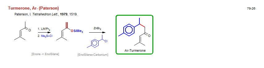 Reaction scheme for total synthesis of the natural product Turmerone, Ar- (Paterson)