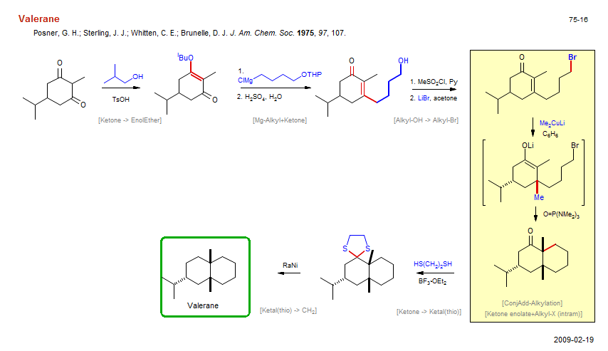 Reaction scheme for total synthesis of the natural product Valerane
