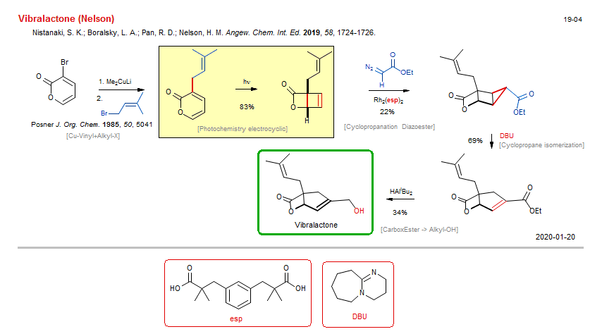 Reaction scheme for total synthesis of the natural product Vibralactone (Nelson) <b><i><font color=red>New</font></i></b>
