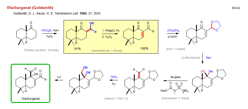 Reaction scheme for total synthesis of the natural product Warburganal (Goldsmith)