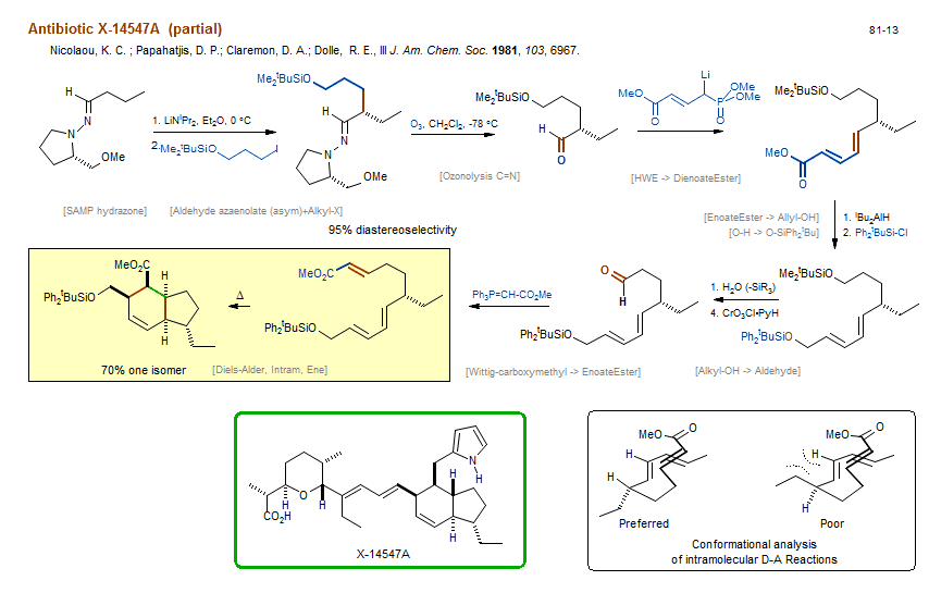 Reaction scheme for total synthesis of the natural product Antibiotic X-14547A (partial)